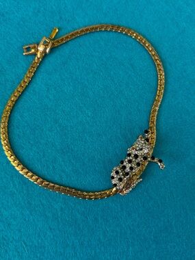 Gold Tone Leopard Necklace with Black and Clear Crystal Accents